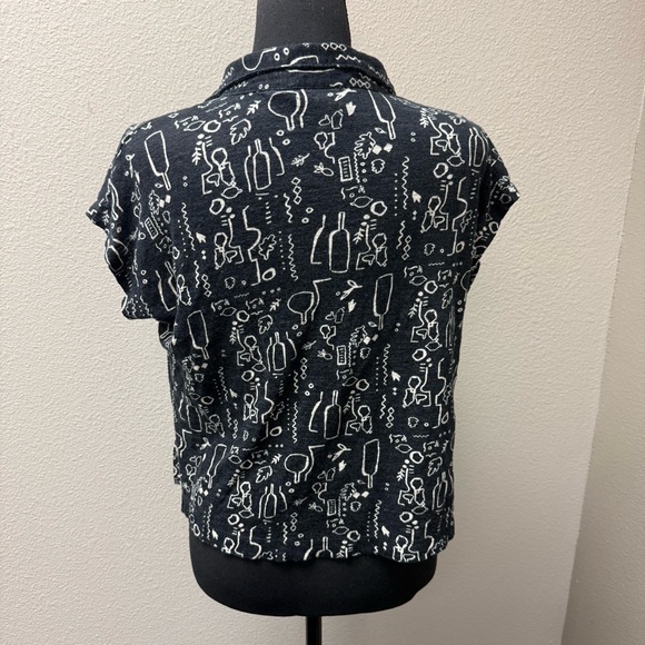 Nicole Miller Linen Top Black White Print V Neck Blouse Lightweight Size L - Picture 5 of 10